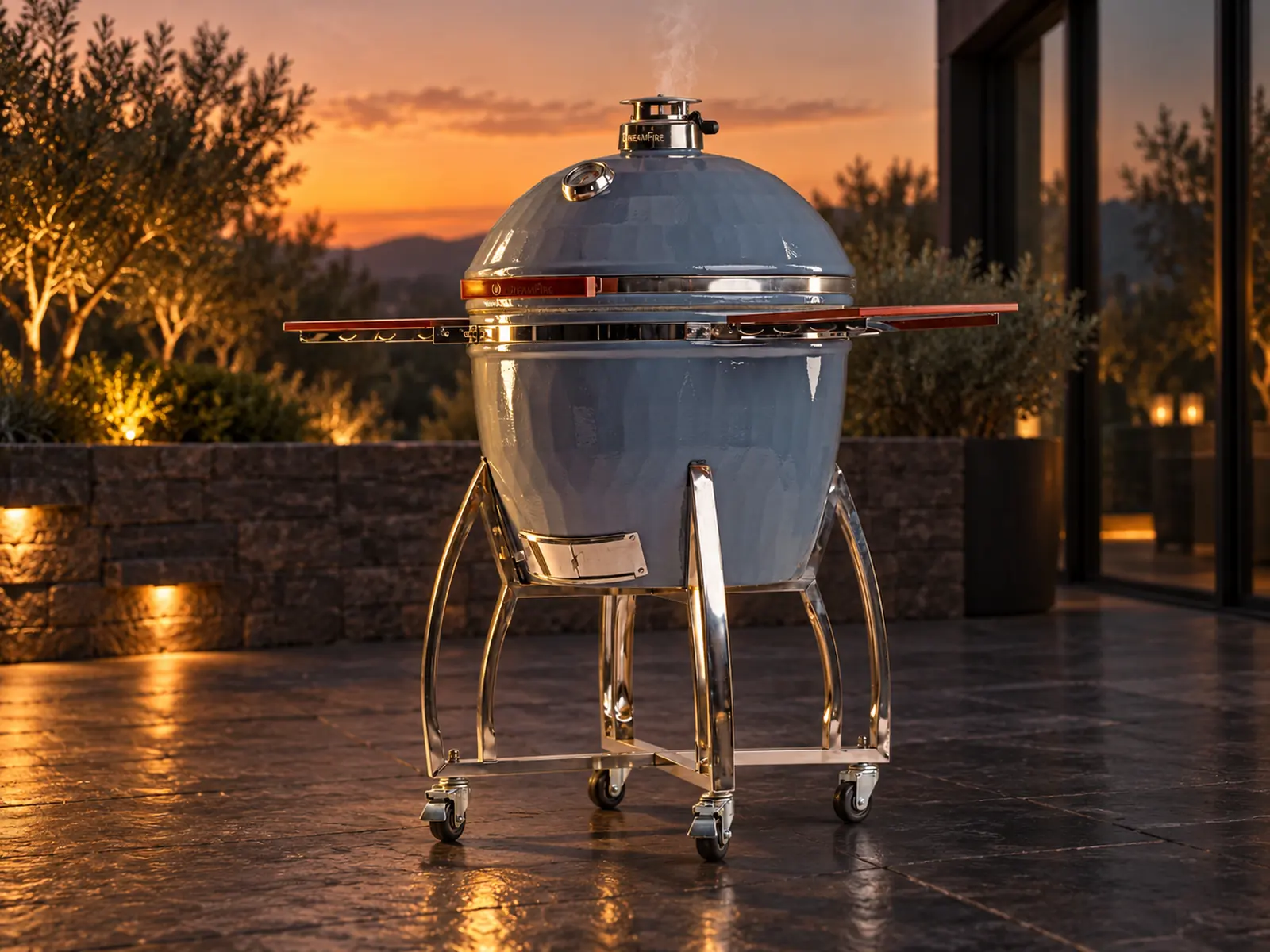 Dreamfire kamado grill on a stone patio at dusk, smoke rising from the top vent